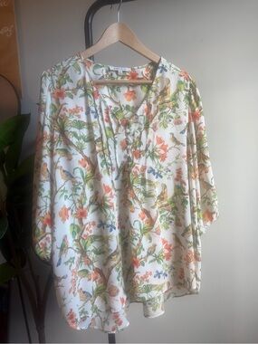 Rose & Olive White Floral & Bird V-Neck Peasant Blouse